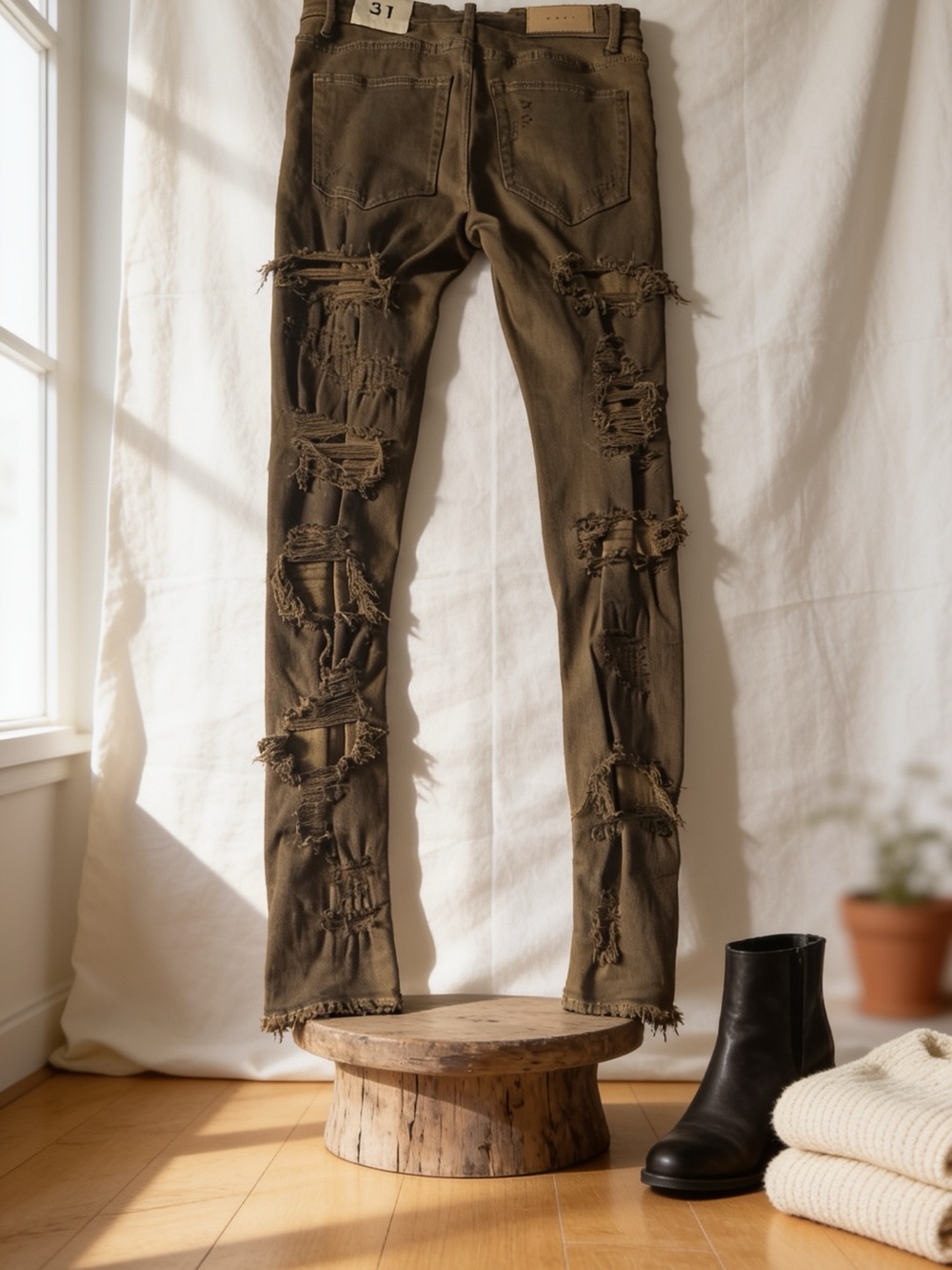 Olive Distressed Women's Slim Jeans